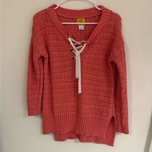 Ruby Rd. Lace-Up V-Neck Sweater in Coral